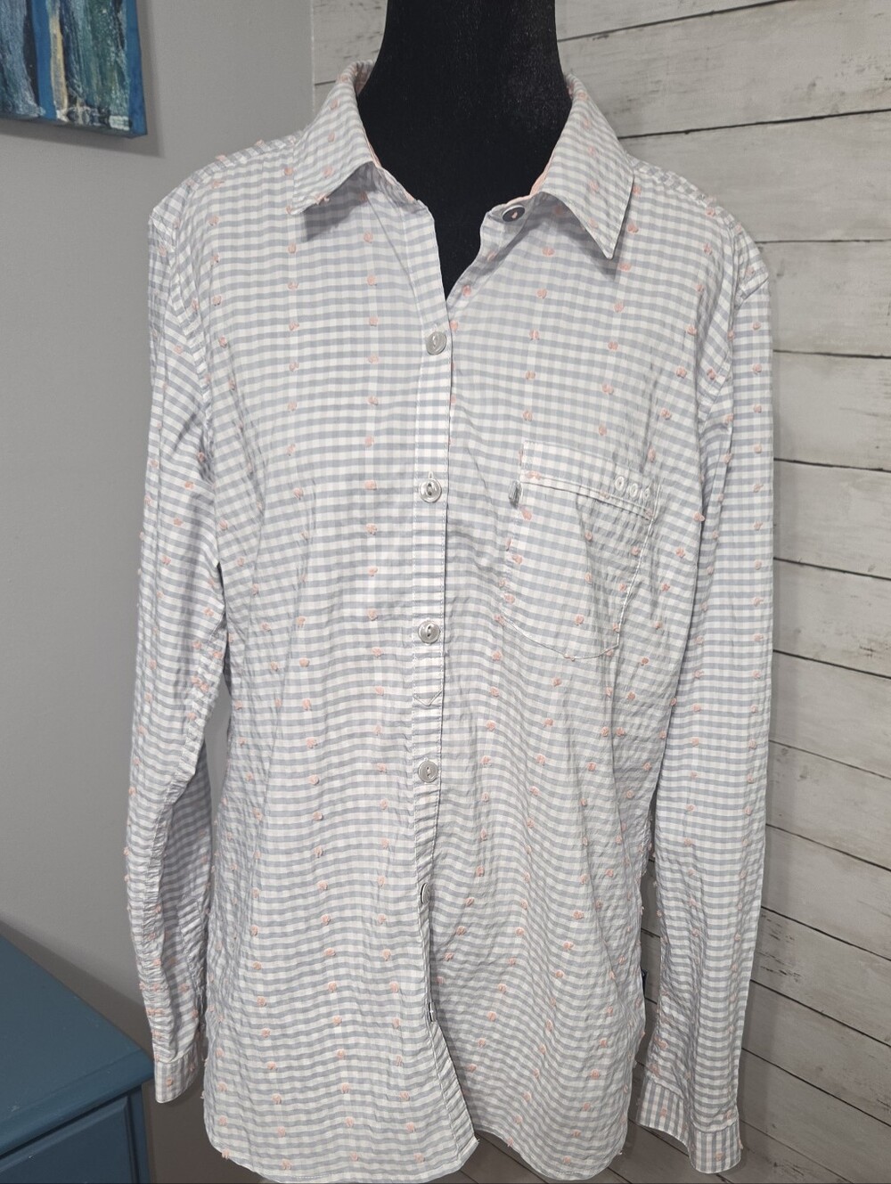 COLUMBIA Women's Long-Sleeve Button-Up Shirt White, Light Blue  Pink Accents